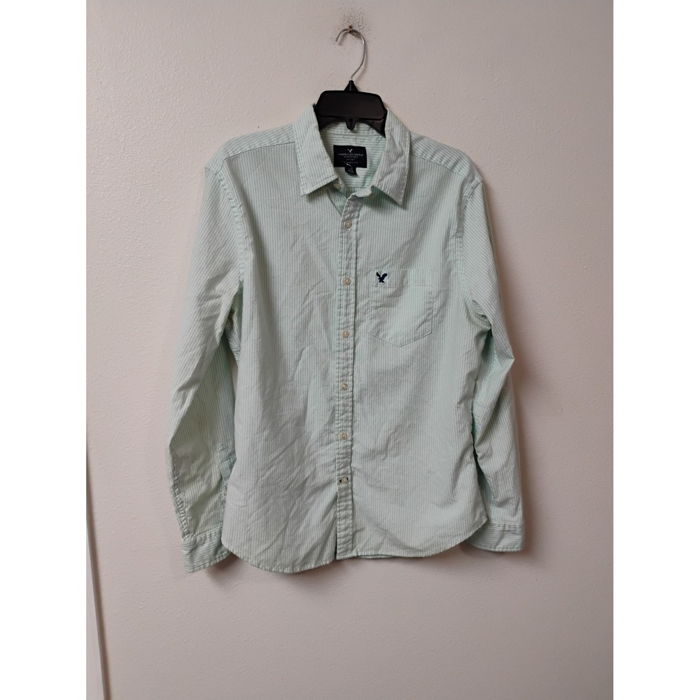 American Eagle Outfitters Mens Large Green White Striped Button Down Shirt L